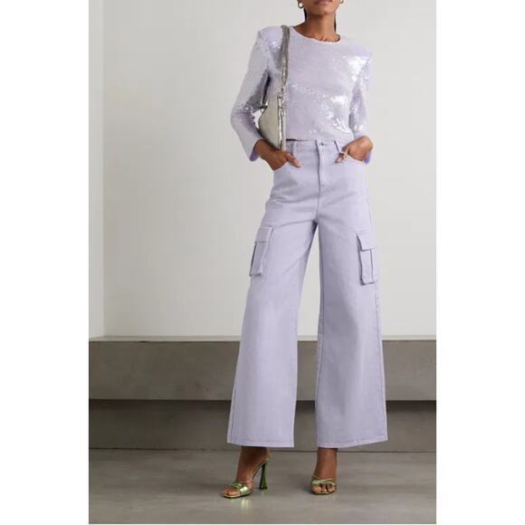 Self-Portrait Denim - Self Portrait Jeans Womens 28 High Rise Wide Leg Cargo Denim Pants Purple Baggy